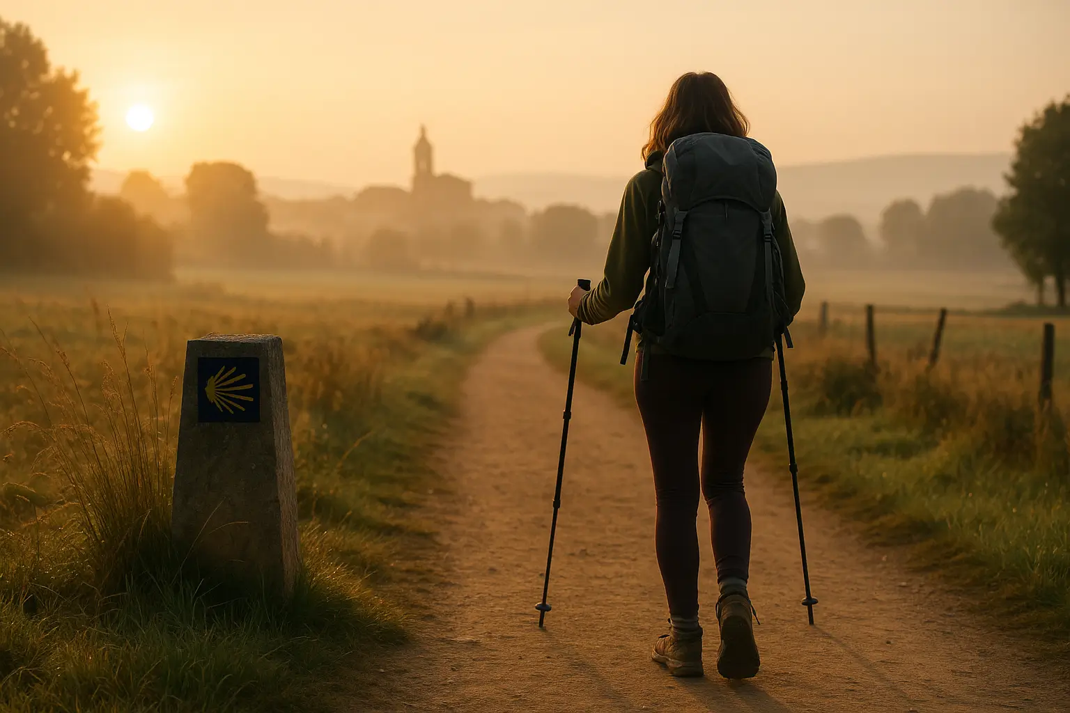 Peregrina caminando sola en tramo seguro del Camino de Santiago al amanecer