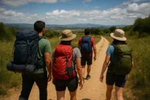 Peregrinos mexicanos caminando por el Camino de Santiago con mochilas, disfrutando del paisaje