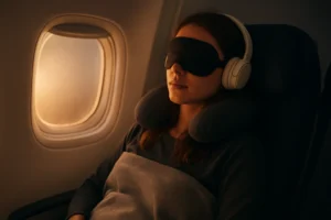 Mulher descansando em voo longo, usando máscara de dormir, fones de ouvido e almofada de pescoço, sentada próxima à janela com luz suave ao entardecer.