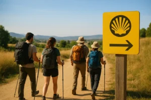 peregrinos españoles en el Camino de Santiago con mochilas y señal amarilla