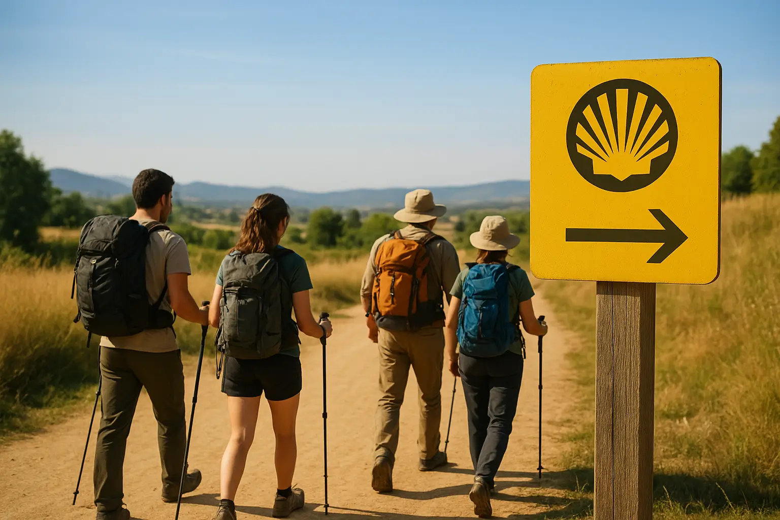 peregrinos españoles en el Camino de Santiago con mochilas y señal amarilla
