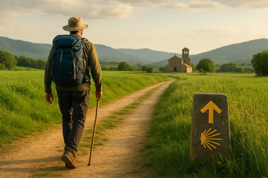 Peregrino en el Camino de Santiago representando las diferentes rutas hacia Santiago de Compostela