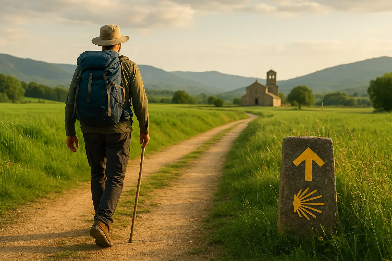 Peregrino en el Camino de Santiago representando las diferentes rutas hacia Santiago de Compostela