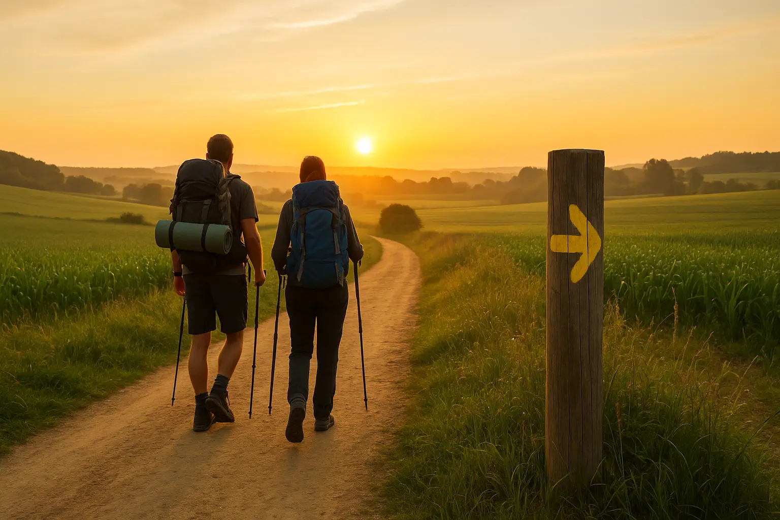 Dos peregrinos caminan al amanecer por un sendero del Camino de Santiago, con mochilas y bastones, mientras una flecha amarilla en un poste de madera indica la dirección hacia el horizonte dorado.