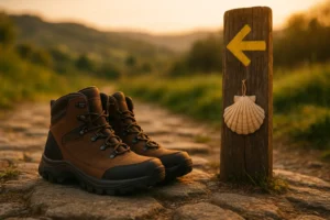 Botas de trekking resistentes en el Camino de Santiago, ideales para peregrinos.
