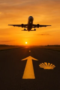 Avión sobrevolando al atardecer con una flecha amarilla del Camino de Santiago en primer plano