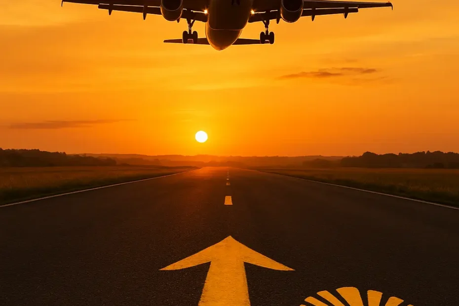 Avión sobrevolando al atardecer con una flecha amarilla del Camino de Santiago en primer plano