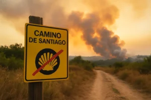Señal amarilla del Camino de Santiago cerrada temporalmente debido a incendios en Galicia.