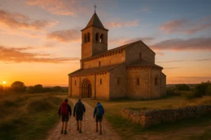 Iglesia histórica del Camino de Santiago al atardecer, con tres peregrinos caminando por un sendero empedrado.