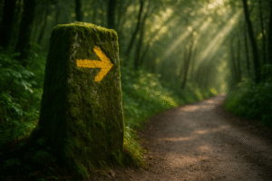 Señal del Camino de Santiago con la flecha amarilla y la concha de vieira en un mojón de piedra, indicando el sendero en un frondoso bosque gallego.