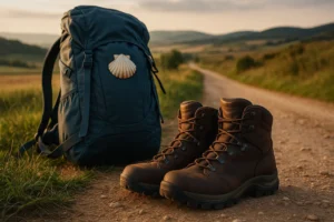 Botas de senderismo descansando junto a una mochila en el Camino de Santiago