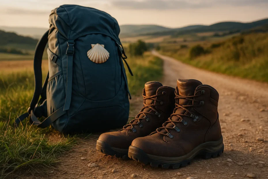 Botas de senderismo descansando junto a una mochila en el Camino de Santiago