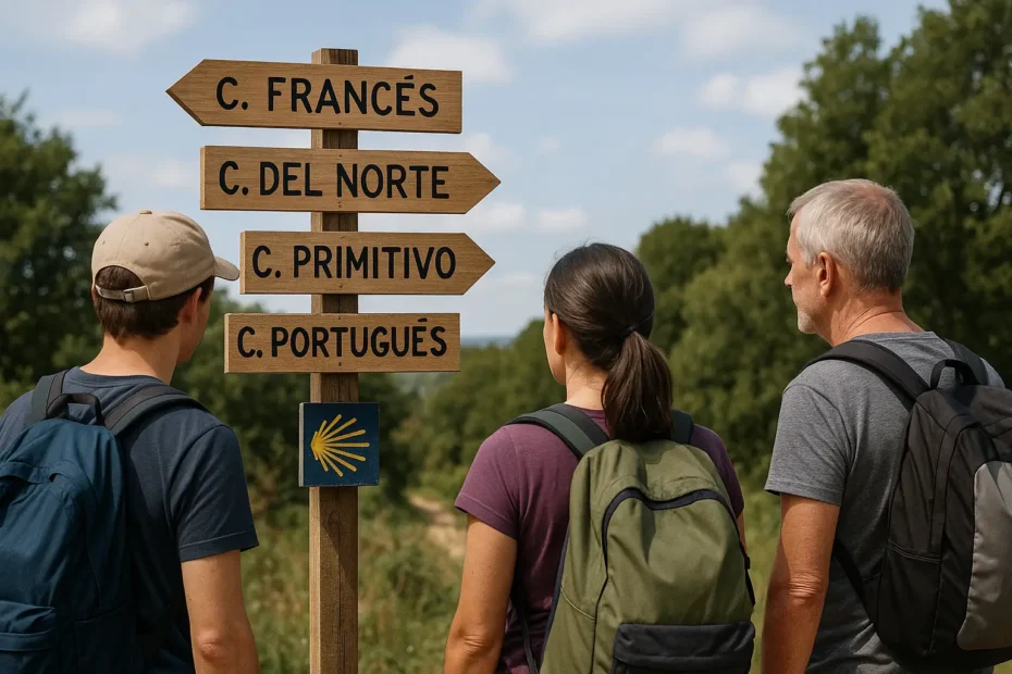 Peregrinos observando señales de distintas rutas del Camino de Santiago