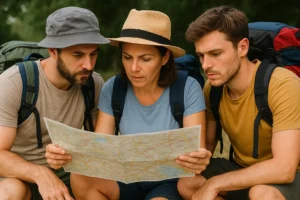 Peregrinos revisando un mapa para planificar el Camino de Santiago