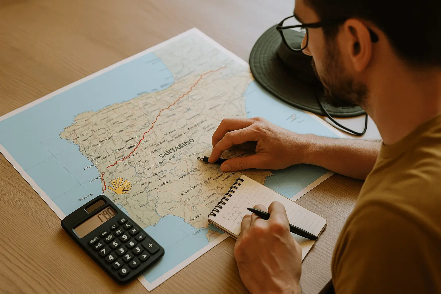 Peregrino observando un mapa con una calculadora y libreta de gastos