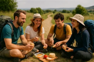 Peregrinos disfrutando de una comida sencilla al aire libre durante el Camino de Santiago, ahorrando dinero y compartiendo experiencias