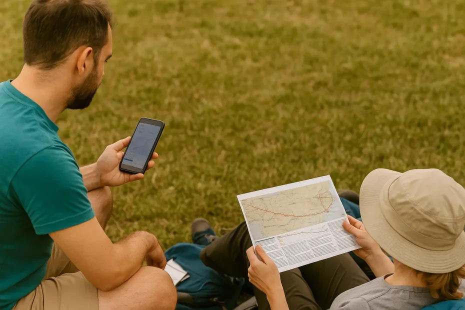 Peregrinos usando aplicaciones móviles y consultando mapas gratuitos mientras descansan en el Camino de Santiag