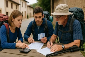 Peregrinos revisando gastos y presupuesto durante una parada en el Camino de Santiago.