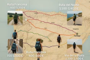 Mapa de rutas del Camino de Santiago con iconos de precios y peregrinos en diferentes caminos.