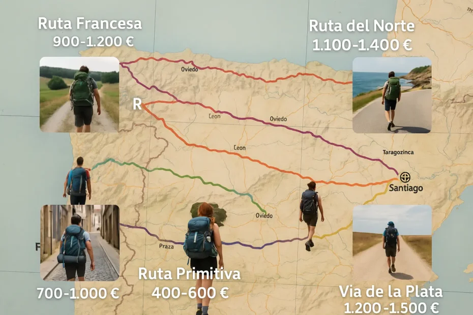 Mapa de rutas del Camino de Santiago con iconos de precios y peregrinos en diferentes caminos.