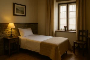 Habitación acogedora para peregrinos en el Camino de Santiago, con cama sencilla y decoración rústica