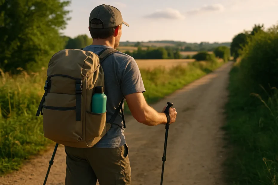 Peregrino usando bastones de senderismo en un tramo rural del Camino de Santiago