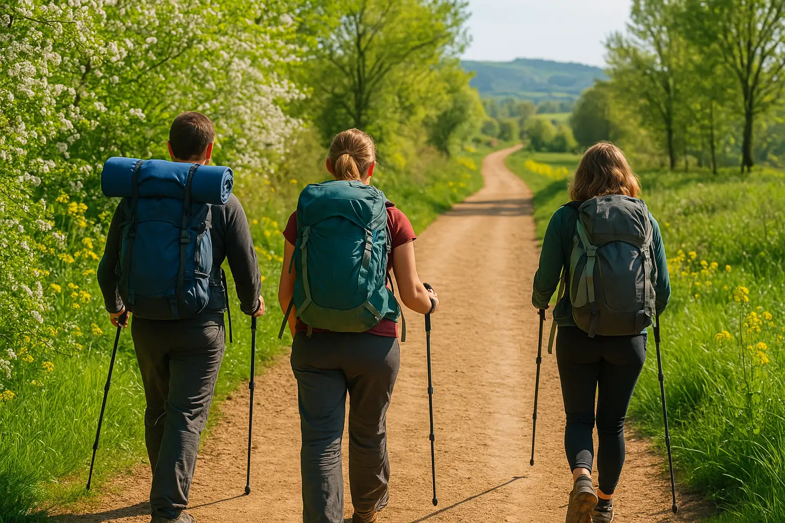 Peregrinos caminando por un sendero rodeado de naturaleza en primavera durante el Camino de Santiago
