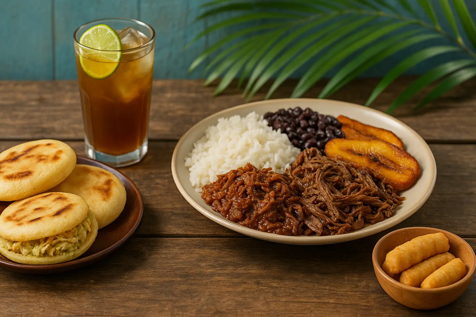 Mesa con arepas doradas, pabellón criollo y jugo de papelón con limón en ambiente caribeño