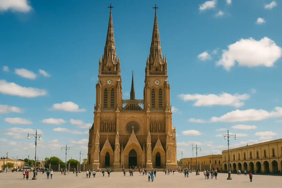 Basílica de Nuestra Señora de Luján, fachada neogótica con torres gemelas y peregrinos en la plaza.