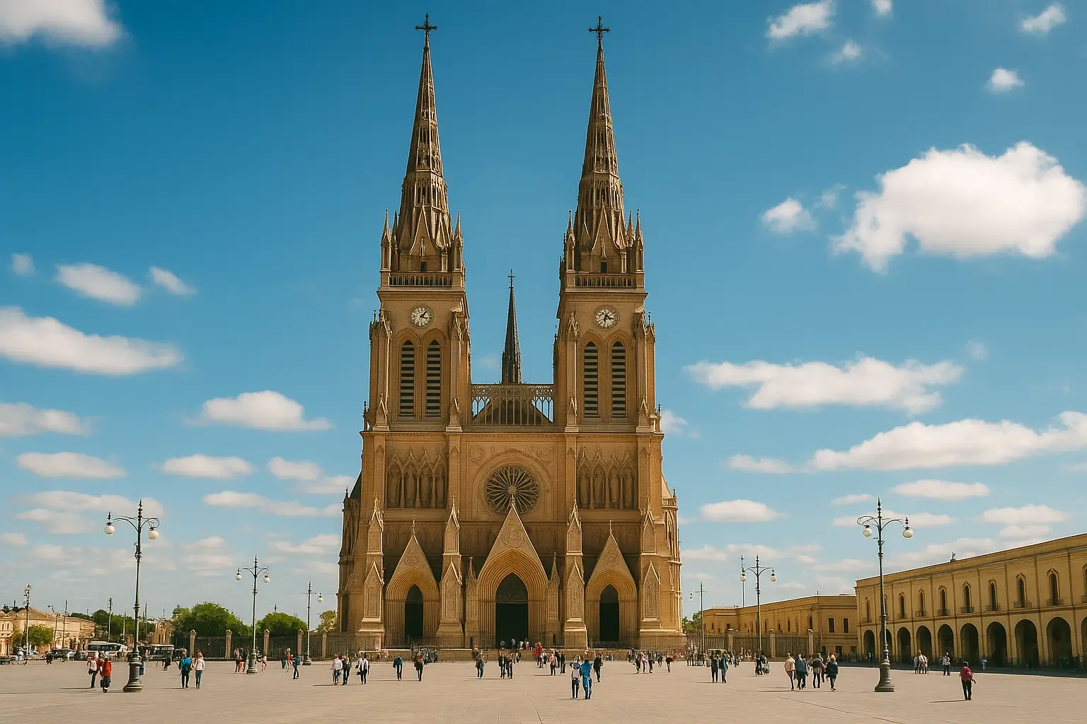 Basílica de Nuestra Señora de Luján, fachada neogótica con torres gemelas y peregrinos en la plaza.