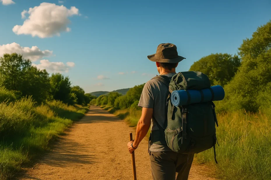 Peregrino caminando bajo un cielo soleado en el Camino de Santiago, rodeado de paisajes verdes