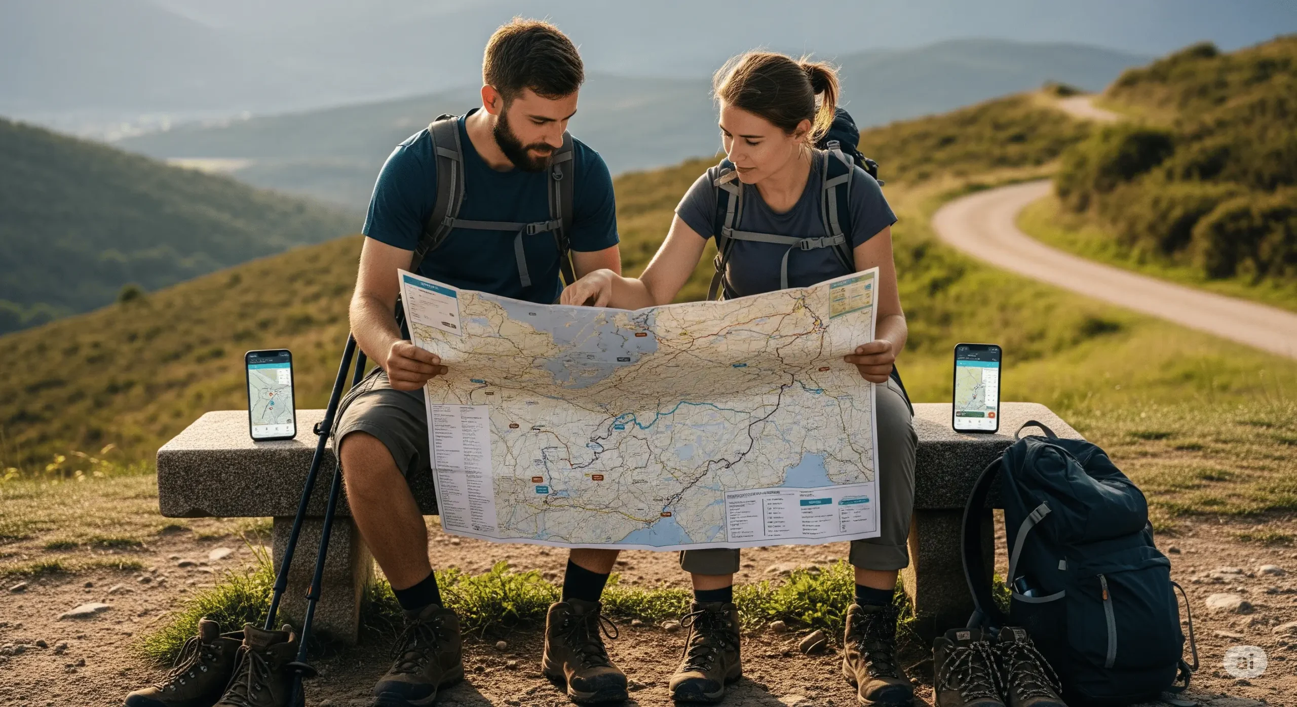 Peregrinos revisando juntos um mapa e aplicativos para planificar as etapas do Camino de Santiago, com mochilas ao lado em cenário natural europeu