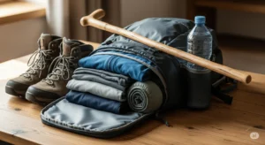 Mochila de peregrino organizada con todo el equipamiento para el Camino de Santiago