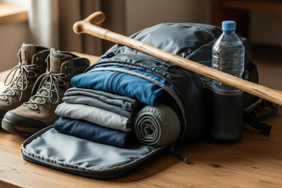Mochila de peregrino organizada con todo el equipamiento para el Camino de Santiago