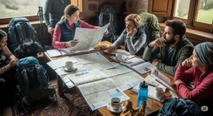Peregrinos planificando el Camino de Santiago en grupo, con mapas y mochilas Se quiser outra imagem, só pedir!