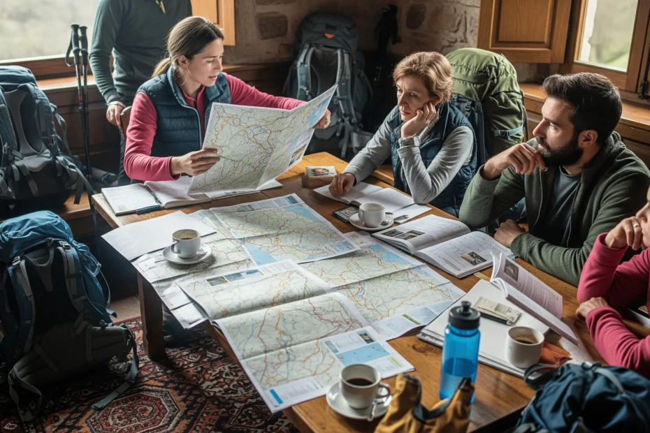 Peregrinos planificando el Camino de Santiago en grupo, con mapas y mochilas Se quiser outra imagem, só pedir!
