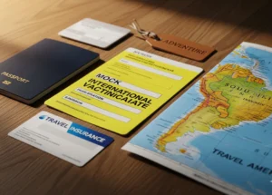Documentos para viajar a Sudamérica, incluyendo pasaporte, seguro y certificado de vacunación, organizados sobre una mesa.
