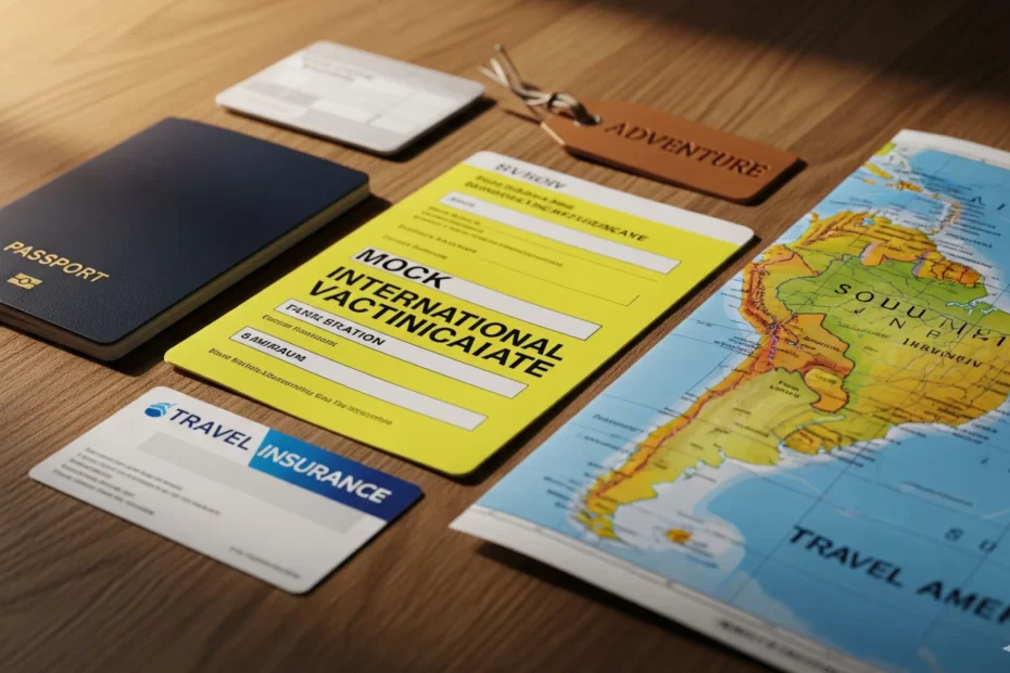 Documentos para viajar a Sudamérica, incluyendo pasaporte, seguro y certificado de vacunación, organizados sobre una mesa.