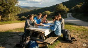 Peregrinos revisando mapas y corrigiendo errores en la planificación del Camino de Santiago