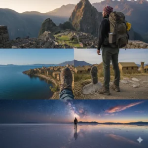 Mochileiro observa as paisagens do roteiro Peru e Bolívia, com Machu Picchu, Ilhas Uros no Lago Titicaca e o Salar de Uyuni ao fundo.