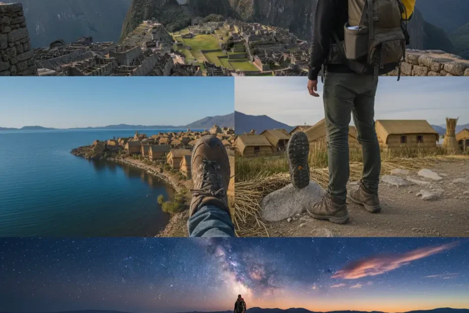 Mochileiro observa as paisagens do roteiro Peru e Bolívia, com Machu Picchu, Ilhas Uros no Lago Titicaca e o Salar de Uyuni ao fundo.
