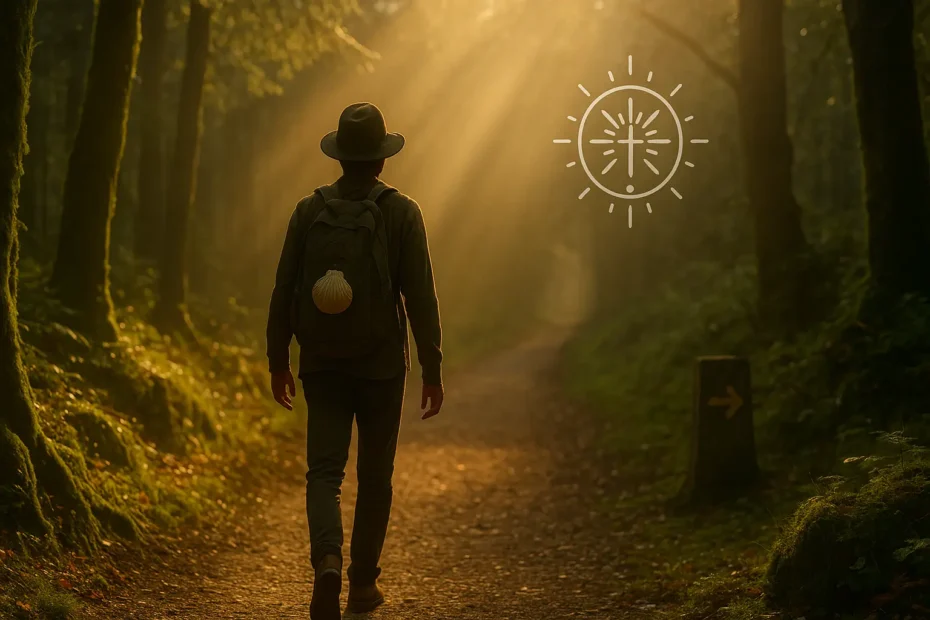 Una viajera sentada en la cima de una montaña escribiendo en su diario durante su viaje espiritual al amanecer