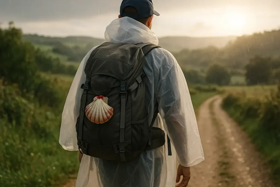 Peregrino camina bajo la lluvia con una capa transparente y una concha del Camino en su mochila, siguiendo el sendero iluminado por el sol en el horizonte.