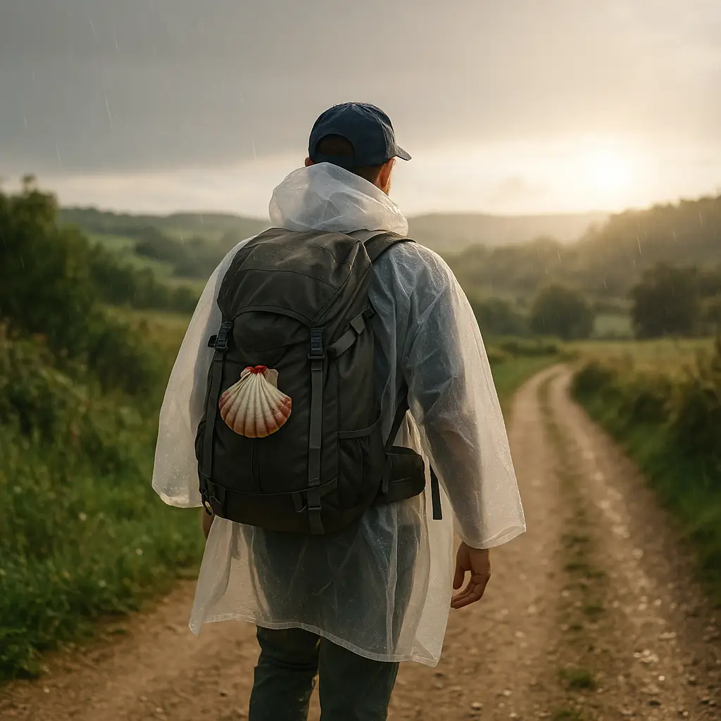 Peregrino camina bajo la lluvia con una capa transparente y una concha del Camino en su mochila, siguiendo el sendero iluminado por el sol en el horizonte.