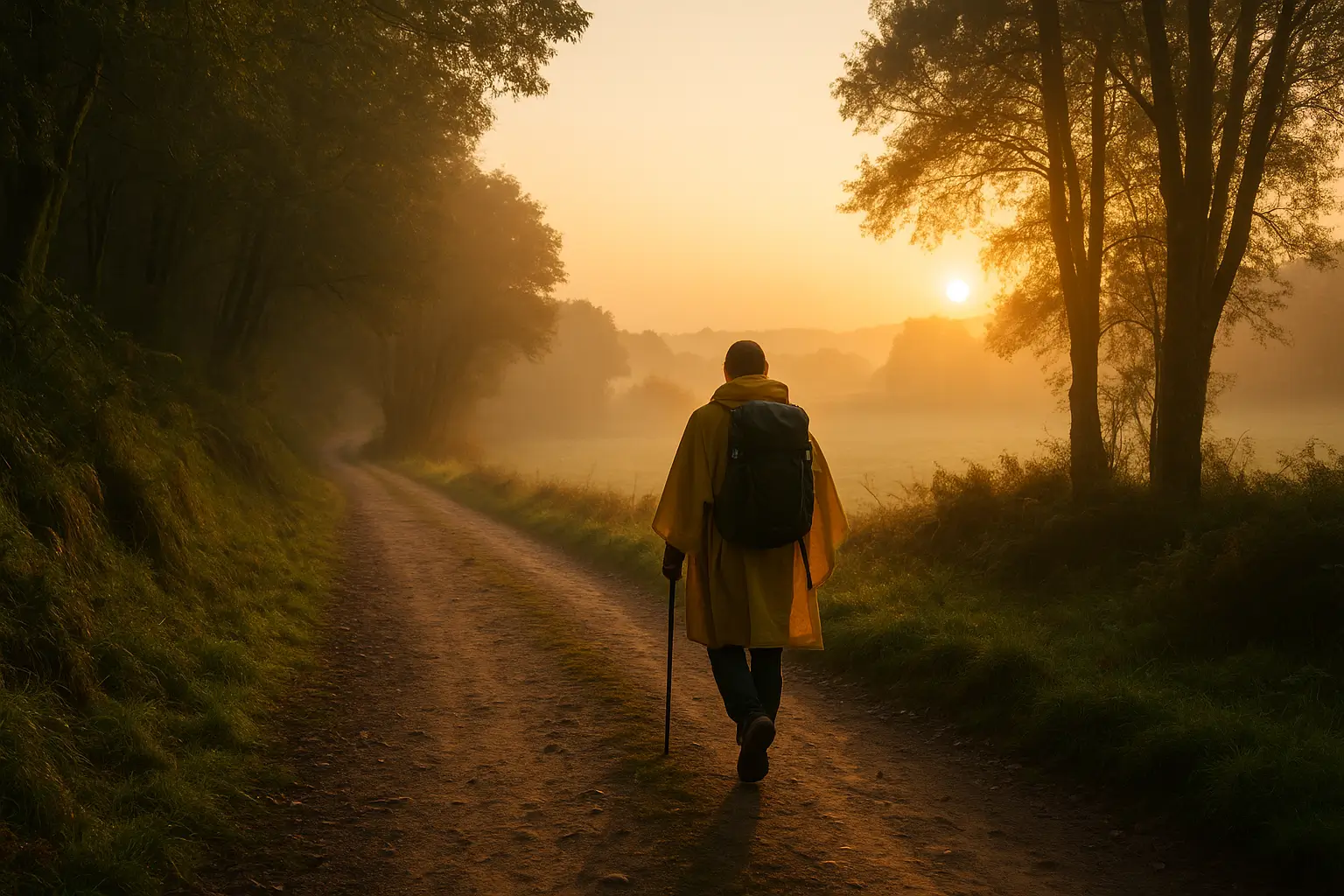 Peregrino caminando en silencio al amanecer por un sendero con niebla en Galicia, Camino de Santiago.