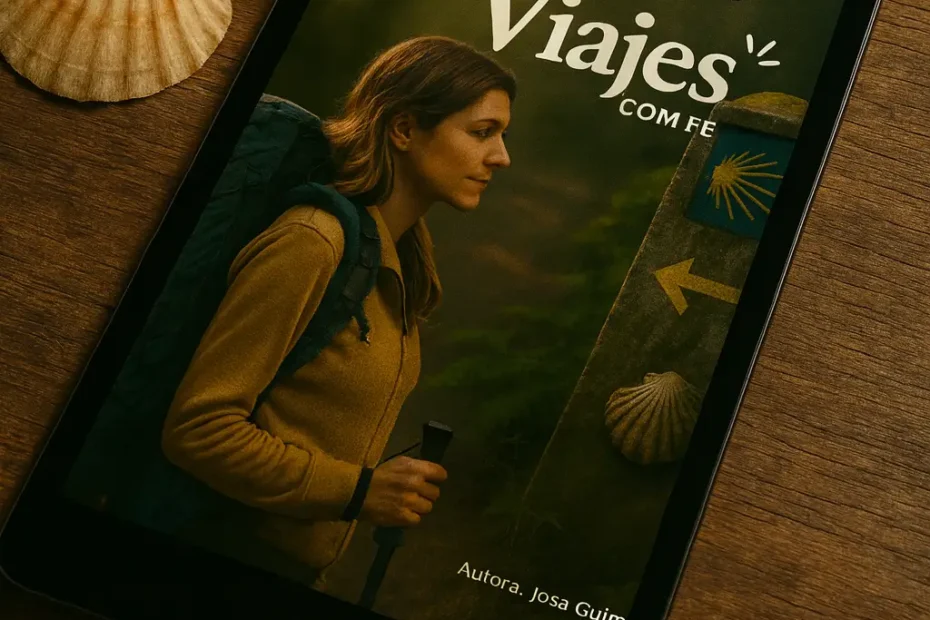 Tablet sobre mesa de madeira mostrando a capa do eBook ‘Guía de Fe: Santiago y Patagonia – Viajes con Fe’, com peregrina diante de um mojón do Caminho de Santiago, acompanhado de vieira e cabaça de peregrino ao lado