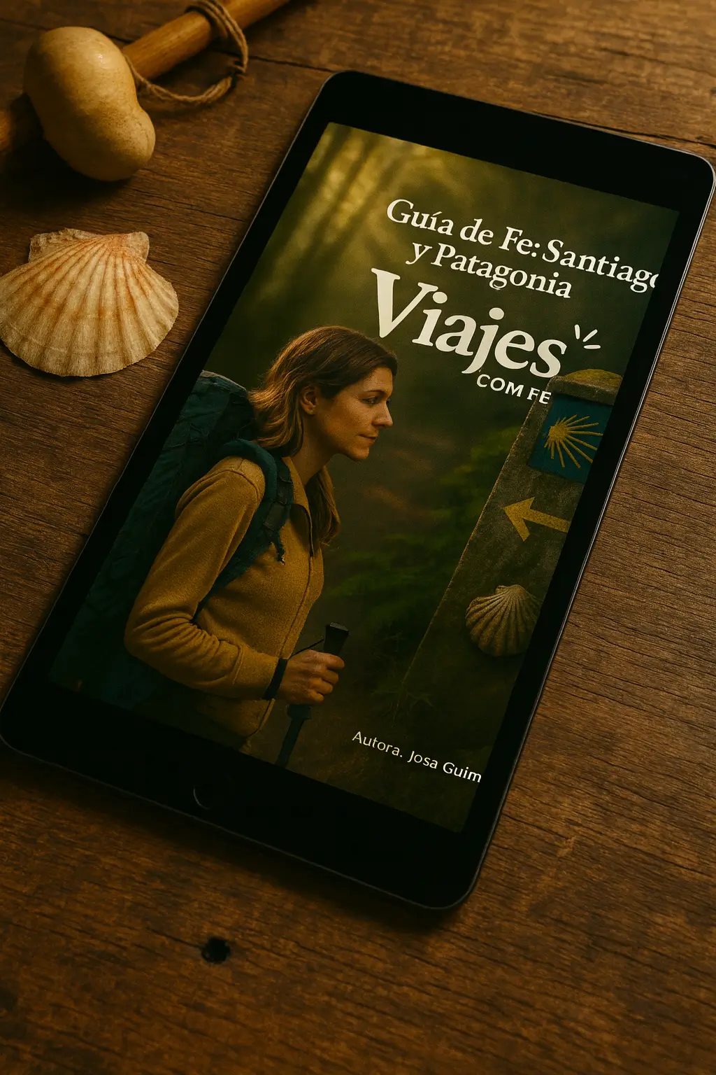 Tablet sobre mesa de madeira mostrando a capa do eBook ‘Guía de Fe: Santiago y Patagonia – Viajes con Fe’, com peregrina diante de um mojón do Caminho de Santiago, acompanhado de vieira e cabaça de peregrino ao lado