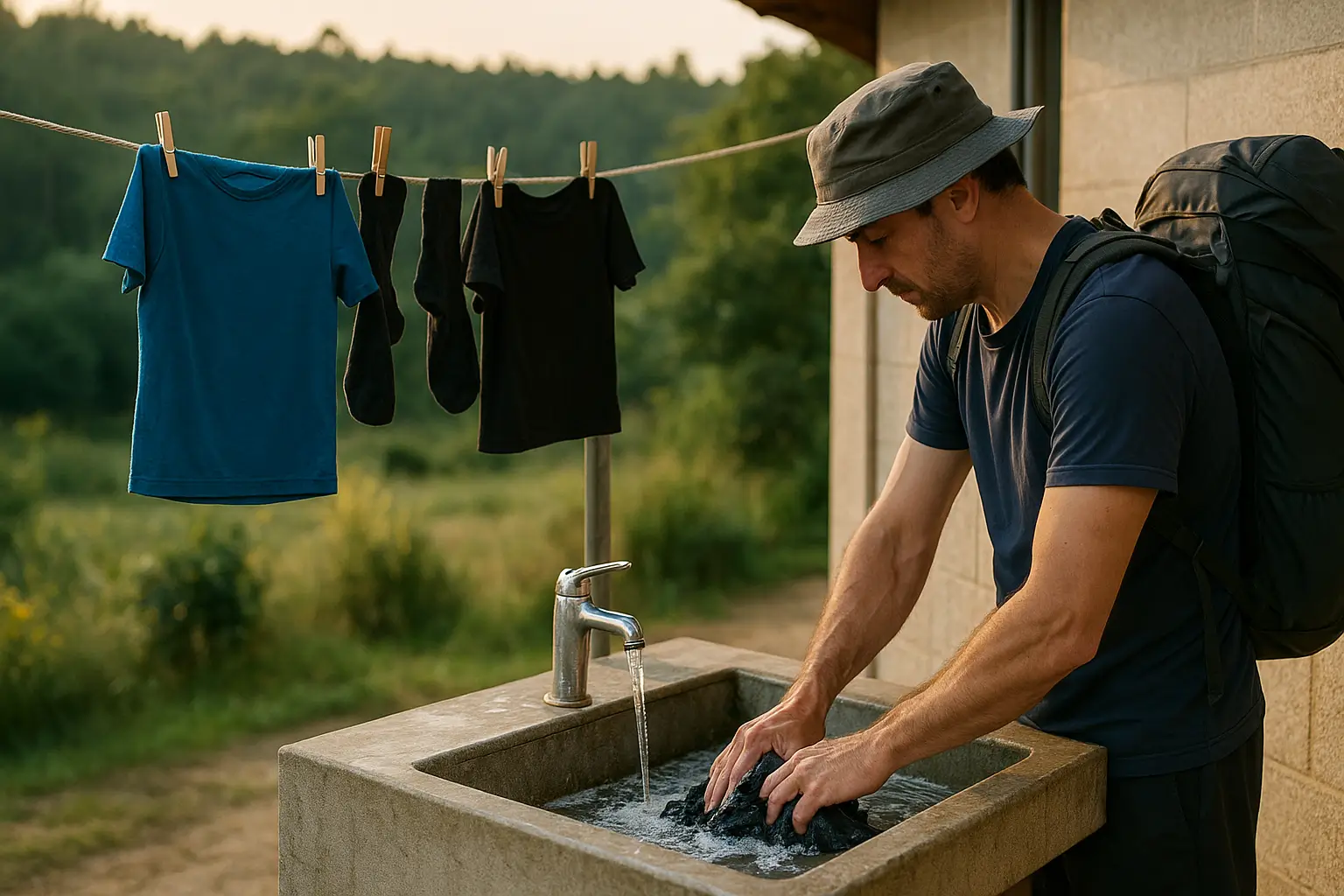Peregrino lavando ropa en un albergue del Camino de Santiago con prendas tendidas al sol