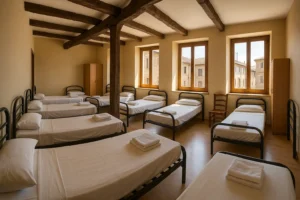 Dormitorio compartido en un albergue de peregrinos del Camino Francés, con camas sencillas, luz natural y ambiente acogedor