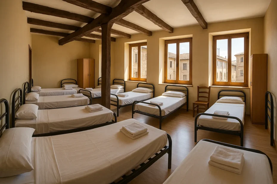 Dormitorio compartido en un albergue de peregrinos del Camino Francés, con camas sencillas, luz natural y ambiente acogedor